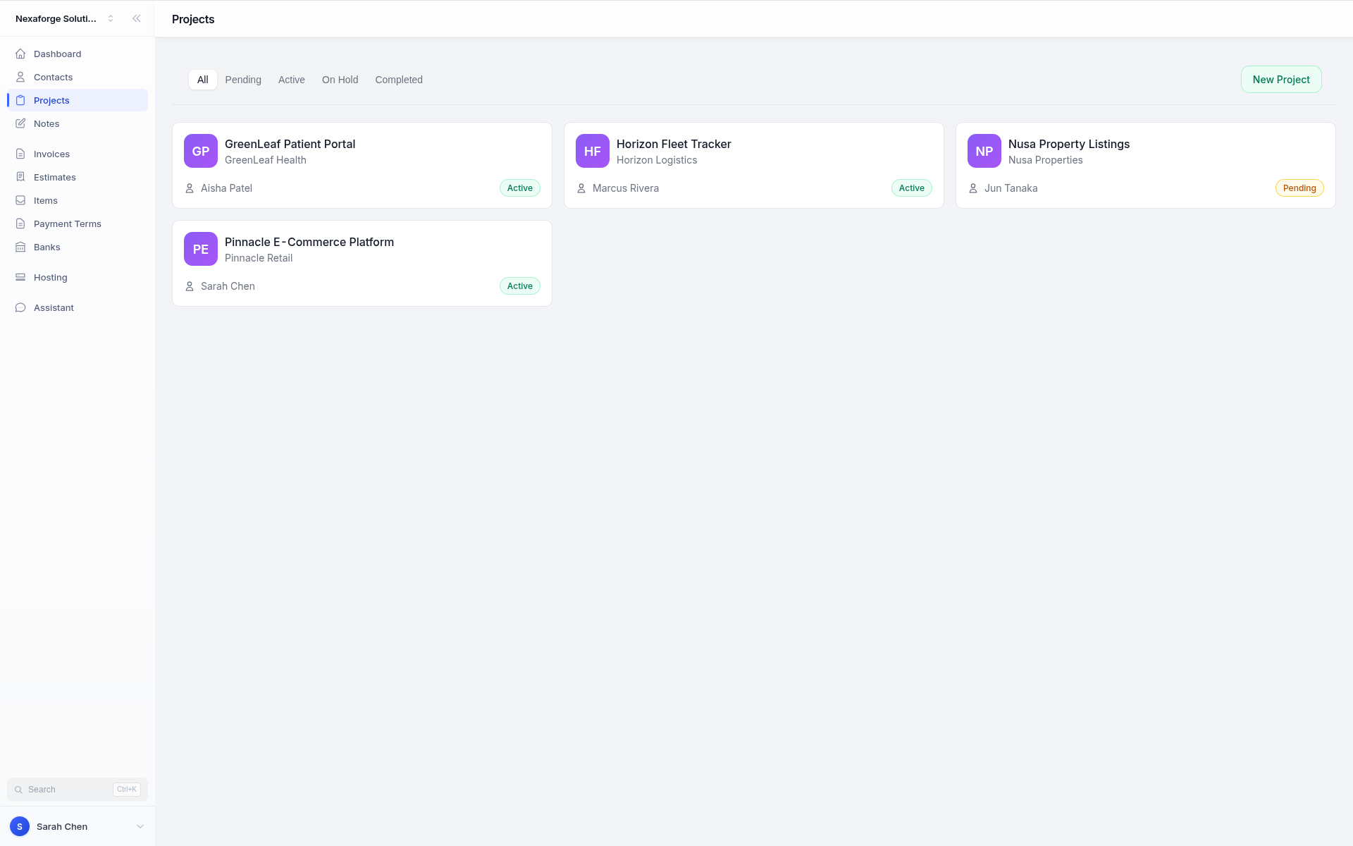 Project list showing multiple client projects
