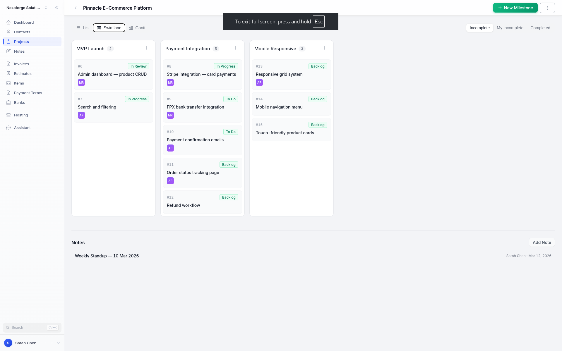Swimlane board view with tickets grouped by milestone