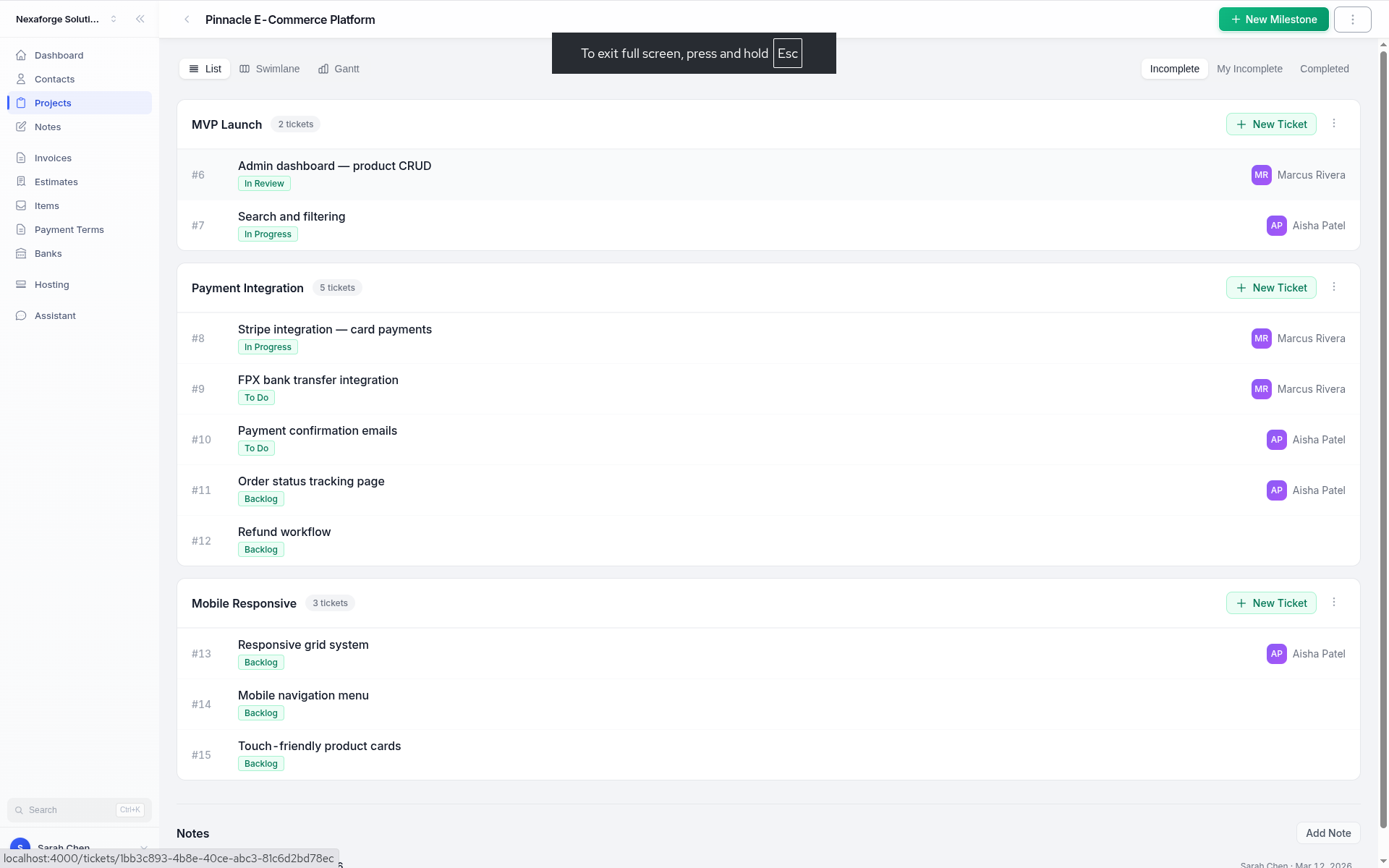 Ticket board with custom status columns