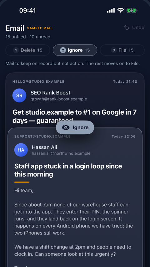 com1 for iPhone: Junk first, then the rest